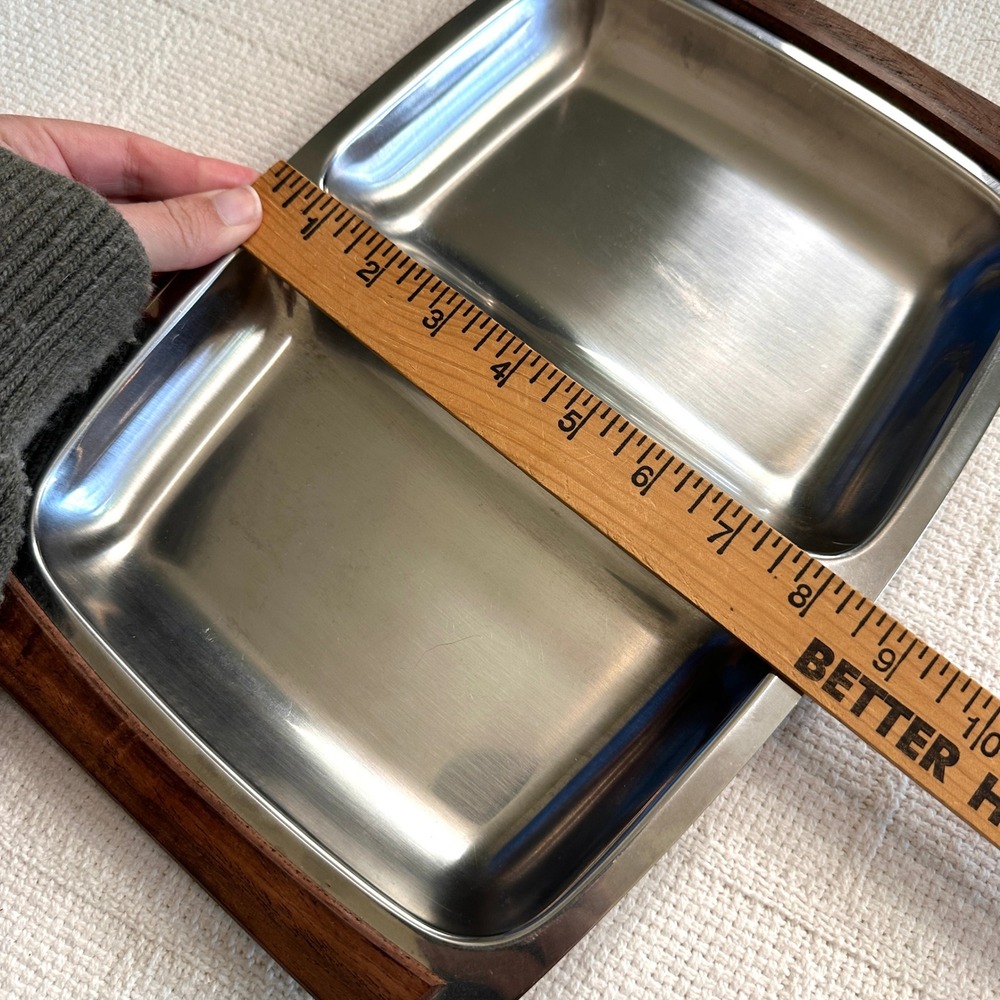 VTG 60s MCM Stainless Steel Divided Serving Tray Wood Handles KH Hong Kong 12.5" - Picture 9 of 9